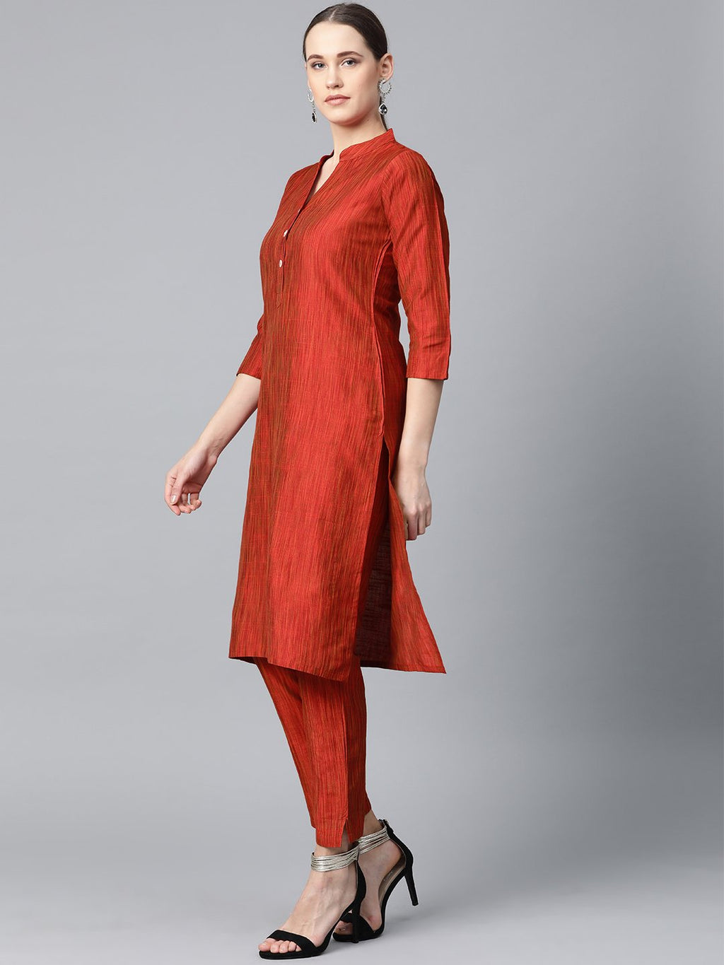 Jompers Women Red & Black Self-Striped Kurta with Trousers & Dupatta - Distacart
