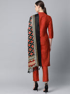 Jompers Women Red & Black Self-Striped Kurta with Trousers & Dupatta - Distacart