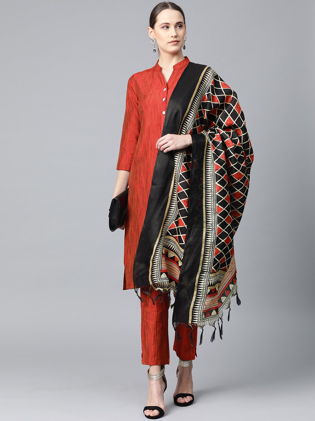 Jompers Women Red & Black Self-Striped Kurta with Trousers & Dupatta - Distacart