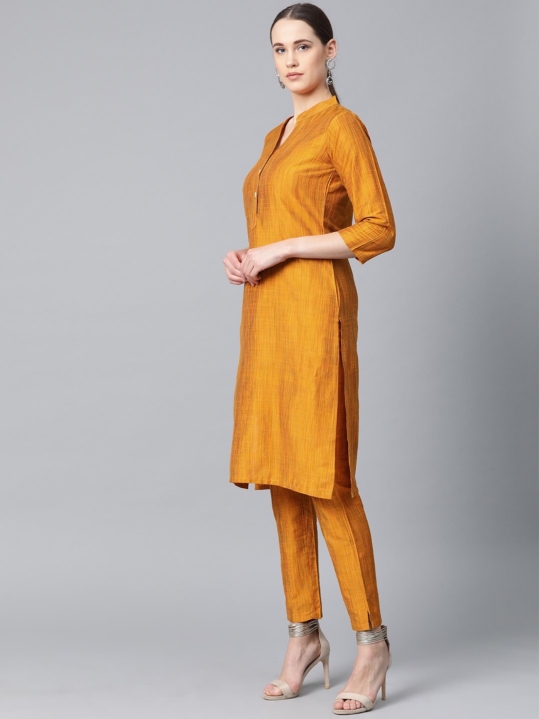 Jompers Women Mustard & Red Self-Striped Kurta with Trousers & Dupatta - Distacart