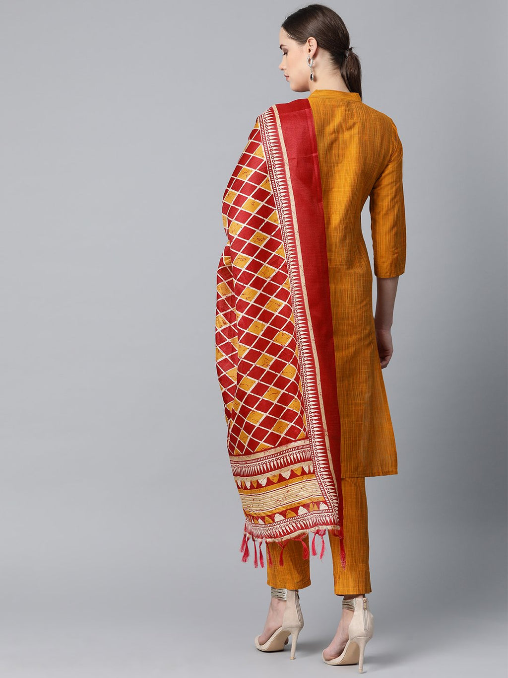 Jompers Women Mustard & Red Self-Striped Kurta with Trousers & Dupatta - Distacart
