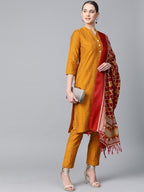 Jompers Women Mustard & Red Self-Striped Kurta with Trousers & Dupatta - Distacart