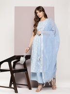 Jompers Women's Printed flared kurta palazzo dupatta set - Blue