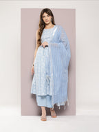 Jompers Women's Printed flared kurta palazzo dupatta set - Blue