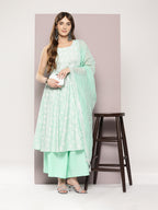 Jompers Women's Printed flared kurta palazzo dupatta set - Green