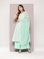 Jompers Women's Printed flared kurta palazzo dupatta set - Green