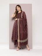 Jompers Women's Jacquard flared kurta palazzo dupatta set - Maroon