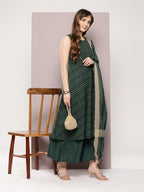 Jompers Women's Jacquard flared kurta palazzo dupatta set - Olive