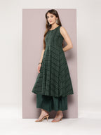 Jompers Women's Jacquard flared kurta palazzo dupatta set - Olive