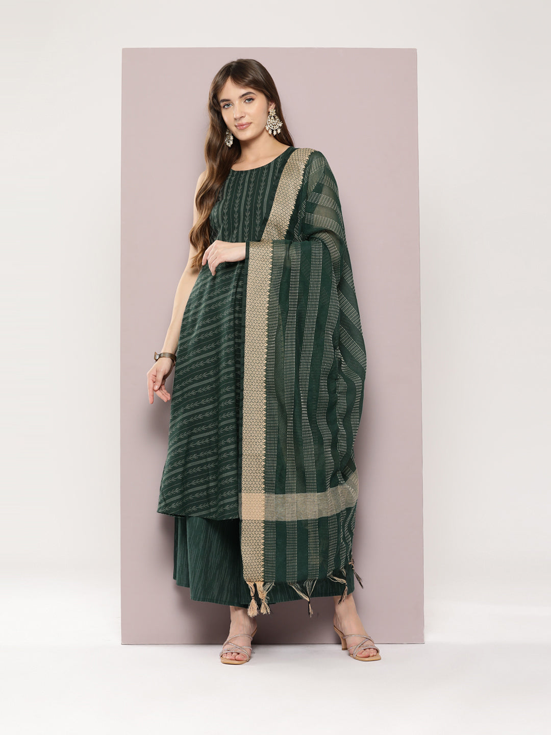 Jompers Women's Jacquard flared kurta palazzo dupatta set - Olive