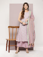 Jompers Women's Printed flared kurta palazzo dupatta set - Purple