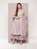 Jompers Women's Printed flared kurta palazzo dupatta set - Purple