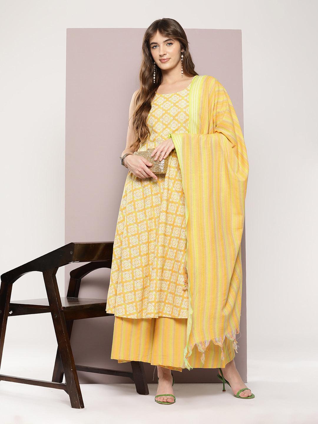 Jompers Women's Printed flared kurta palazzo dupatta set - Yellow