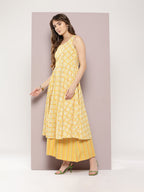Jompers Women's Printed flared kurta palazzo dupatta set - Yellow