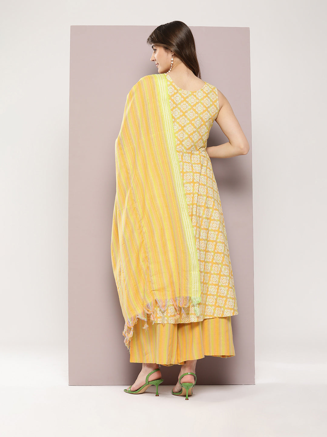 Jompers Women's Printed flared kurta palazzo dupatta set - Yellow