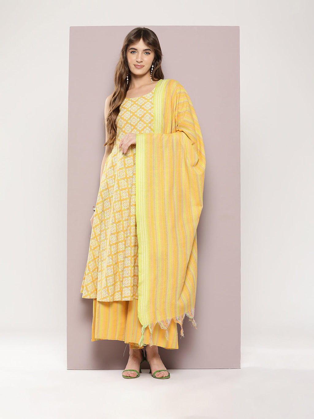 Jompers Women's Printed flared kurta palazzo dupatta set - Yellow