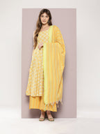Jompers Women's Printed flared kurta palazzo dupatta set - Yellow