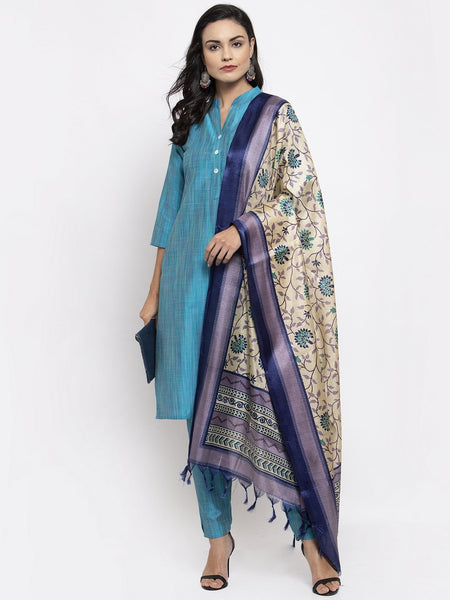 Jompers Women Blue & Green Self-Striped Kurta with Trousers And Printed Dupatta