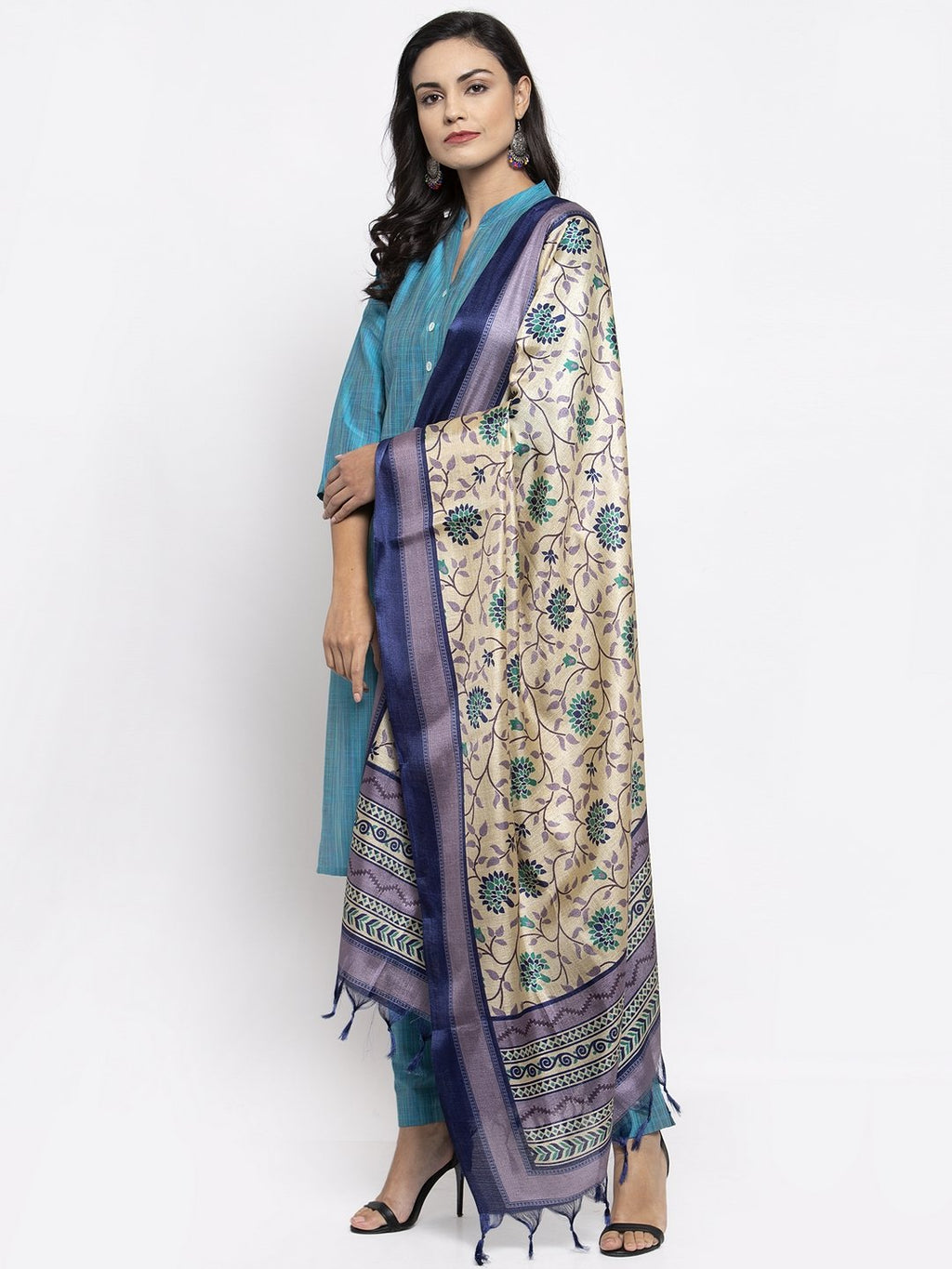 Jompers Women Blue & Green Self-Striped Kurta with Trousers & Printed Dupatta - Distacart