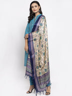 Jompers Women Blue & Green Self-Striped Kurta with Trousers & Printed Dupatta - Distacart