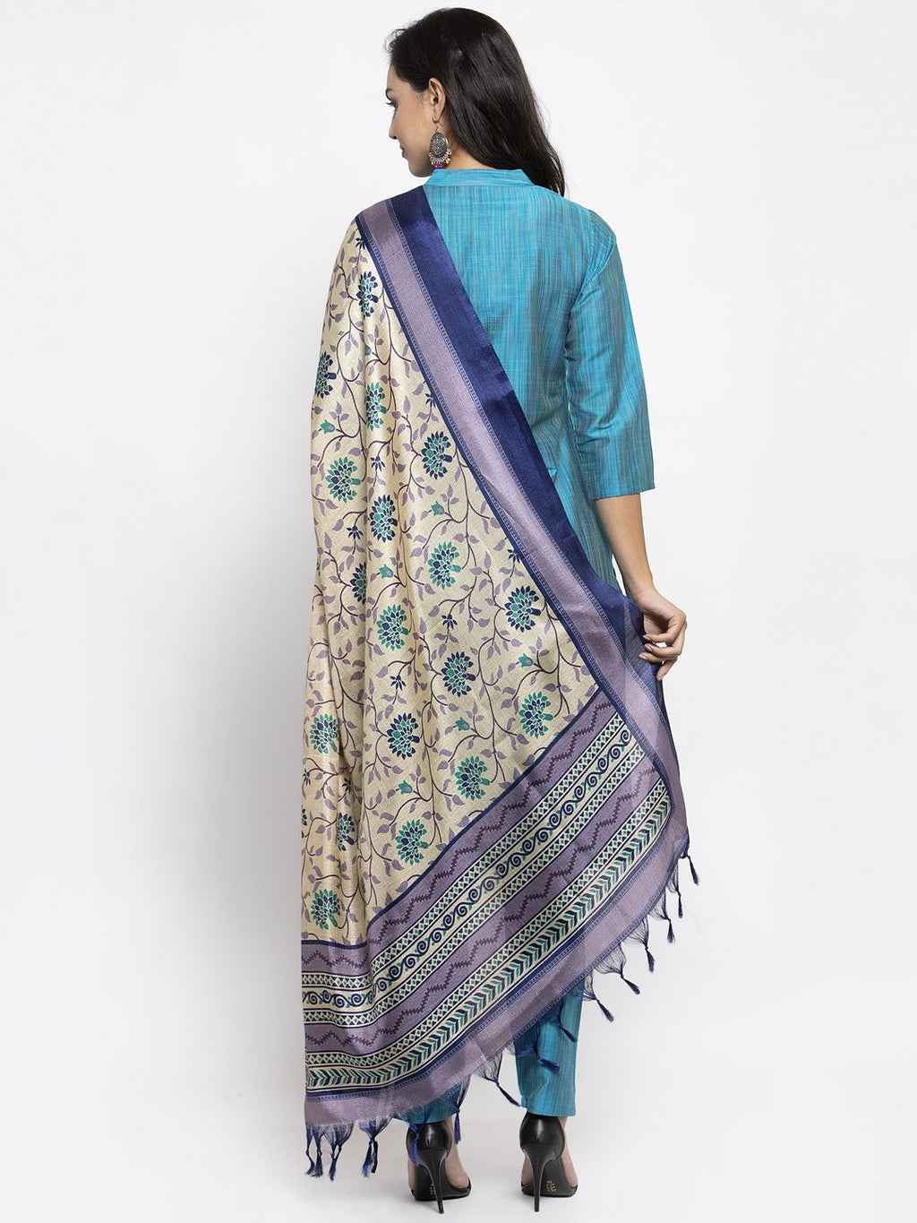 Jompers Women Blue & Green Self-Striped Kurta with Trousers & Printed Dupatta - Distacart