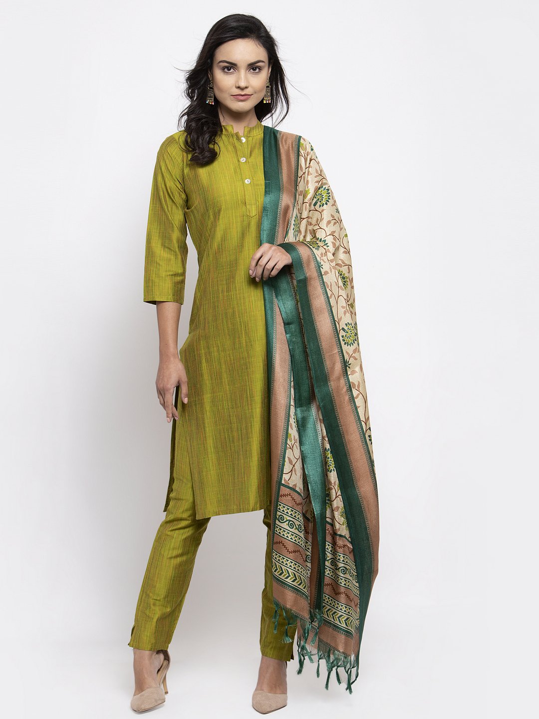 Jompers Women Green Self-Striped Kurta with Trousers & Art Silk Dupatta - Distacart