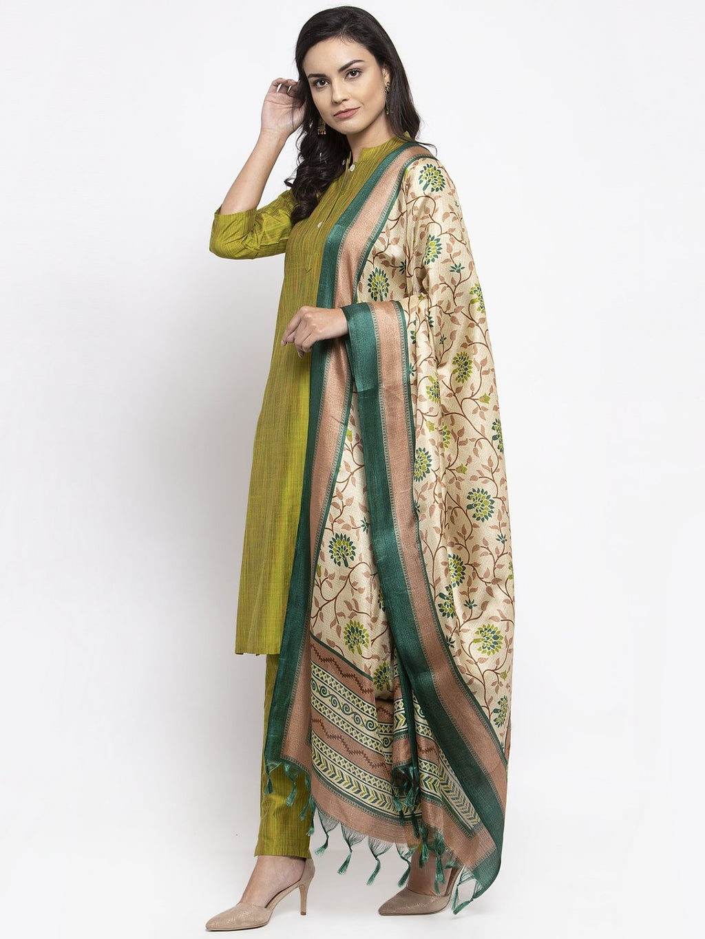 Jompers Women Green Self-Striped Kurta with Trousers & Art Silk Dupatta - Distacart