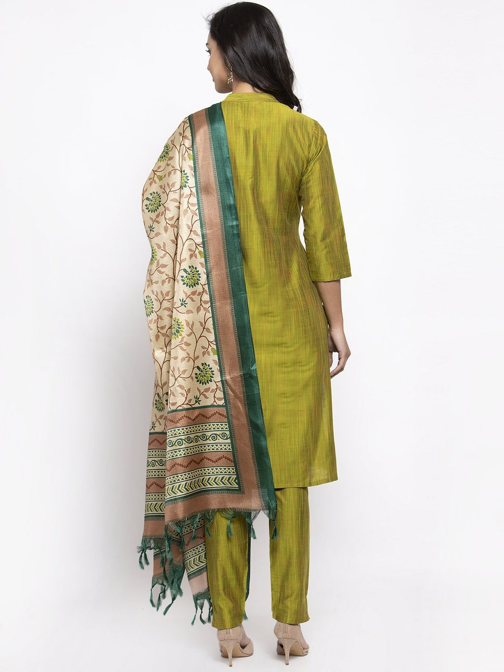 Jompers Women Green Self-Striped Kurta with Trousers & Art Silk Dupatta - Distacart