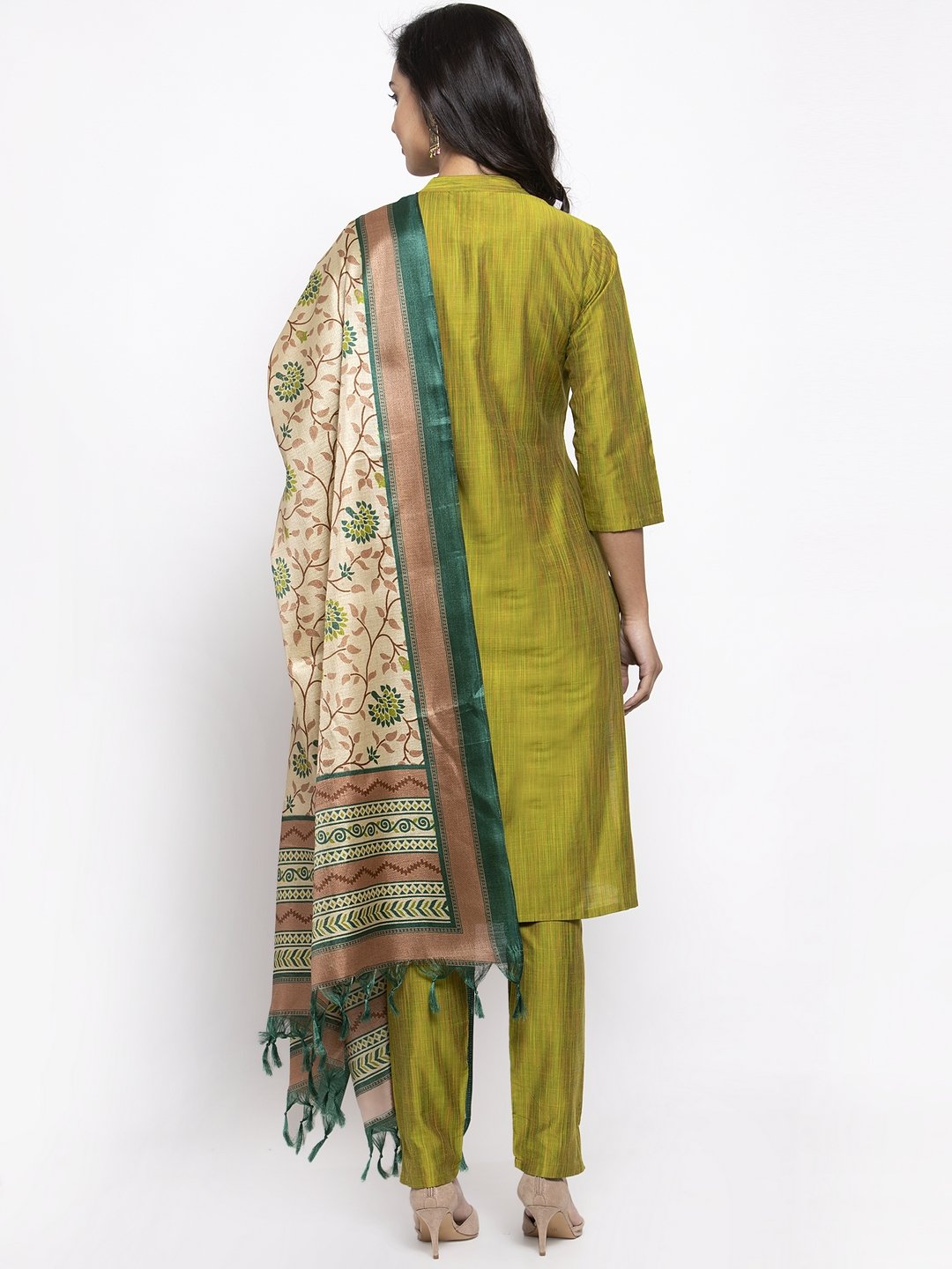 Jompers Women Green Self-Striped Kurta with Trousers & Art Silk Dupatta - Distacart