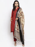 Jompers Women Red Self-Striped Kurta with Trousers & Art Silk Dupatta - Distacart