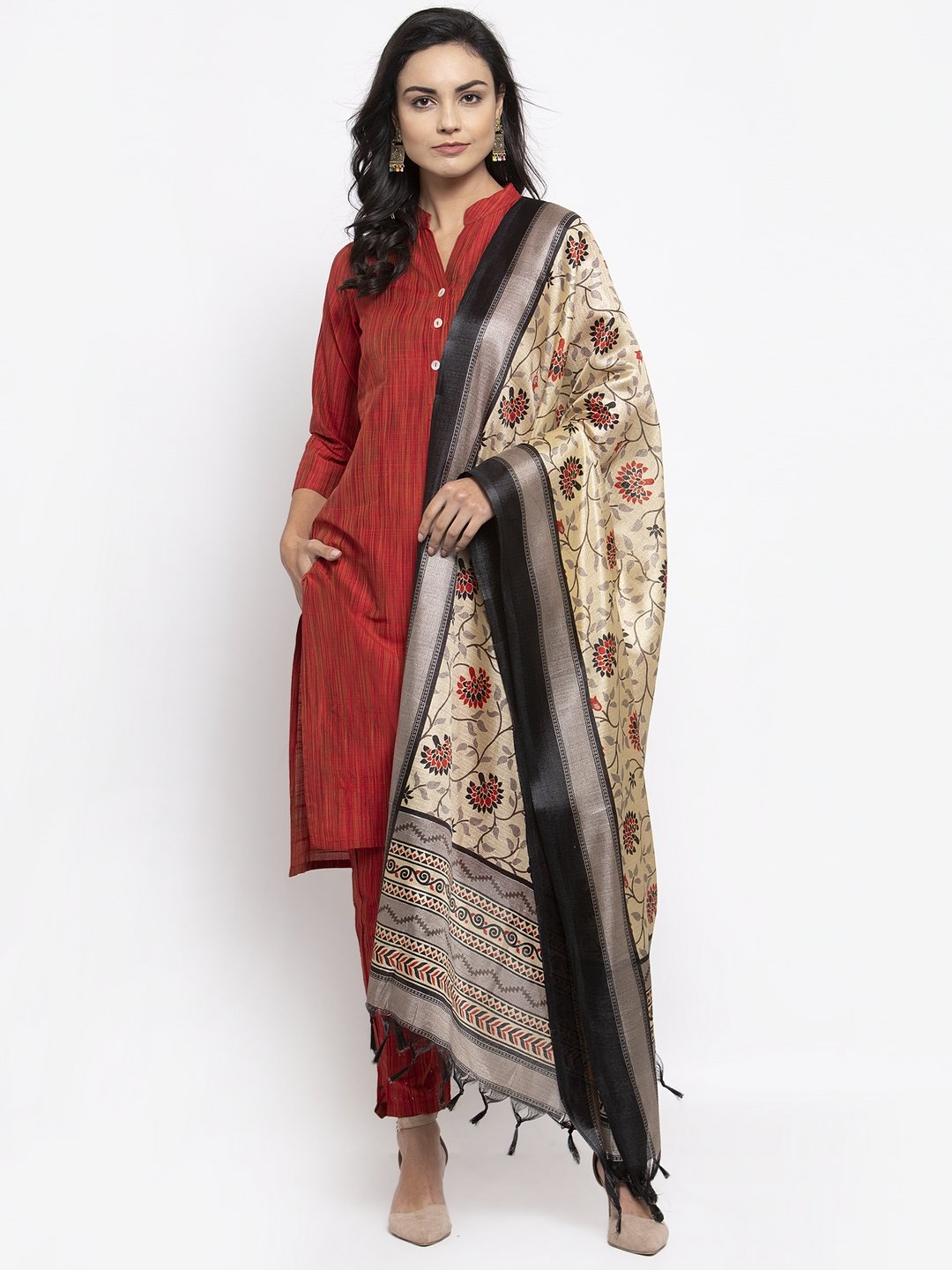 Jompers Women Red Self-Striped Kurta with Trousers & Art Silk Dupatta - Distacart