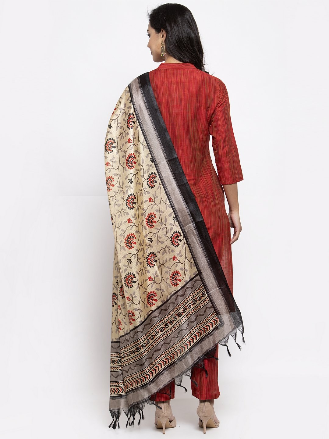 Jompers Women Red Self-Striped Kurta with Trousers & Art Silk Dupatta - Distacart