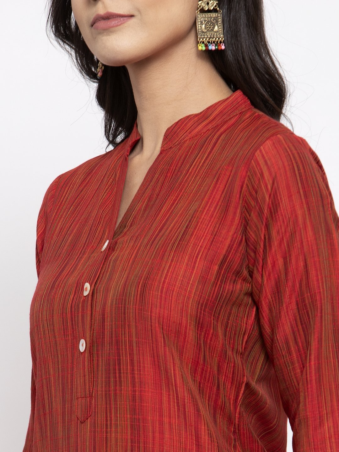 Jompers Women Red Self-Striped Kurta with Trousers & Art Silk Dupatta - Distacart