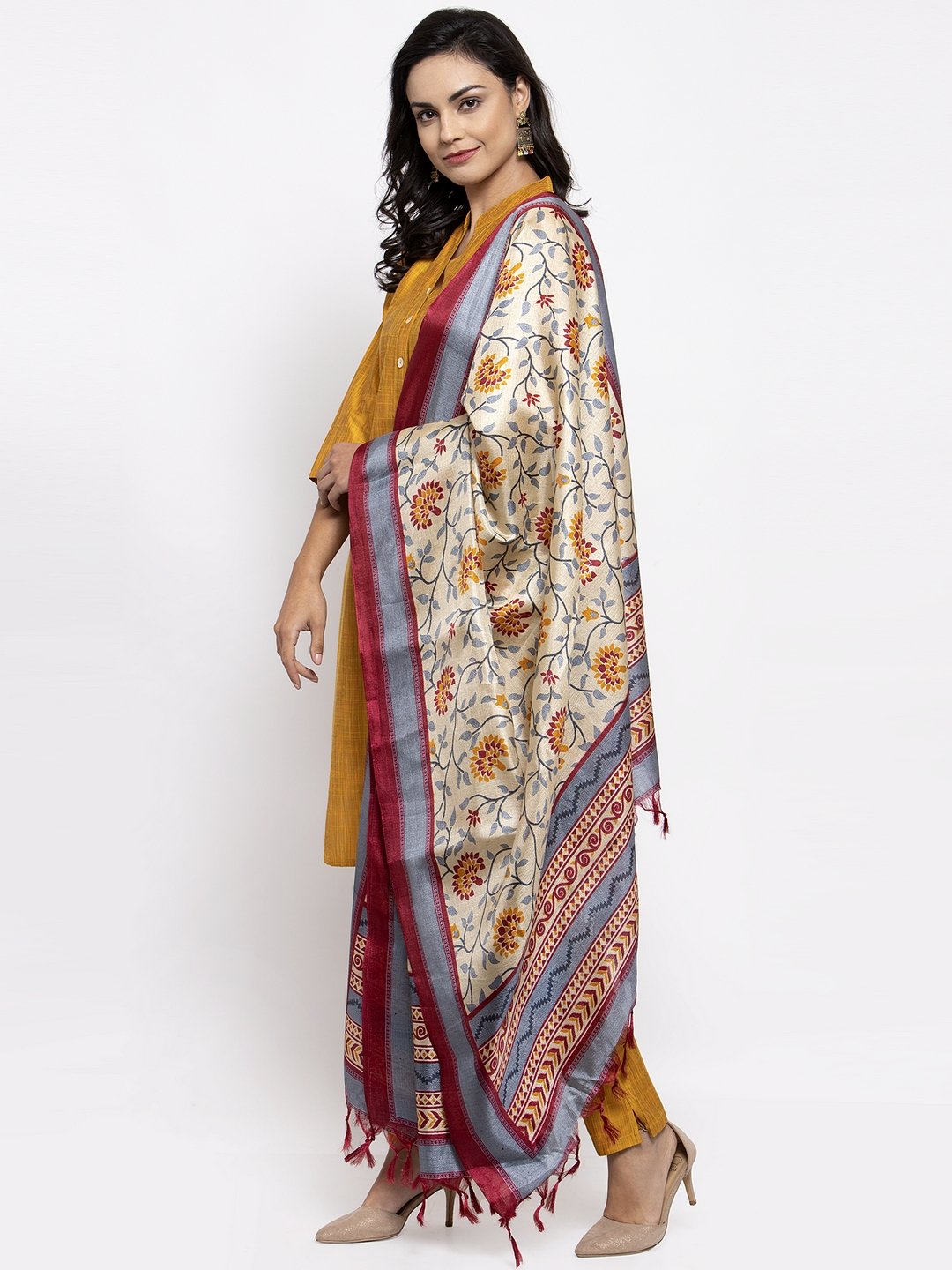 Jompers Women Yellow Self-Striped Kurta with Trousers & Art Silk Dupatta - Distacart