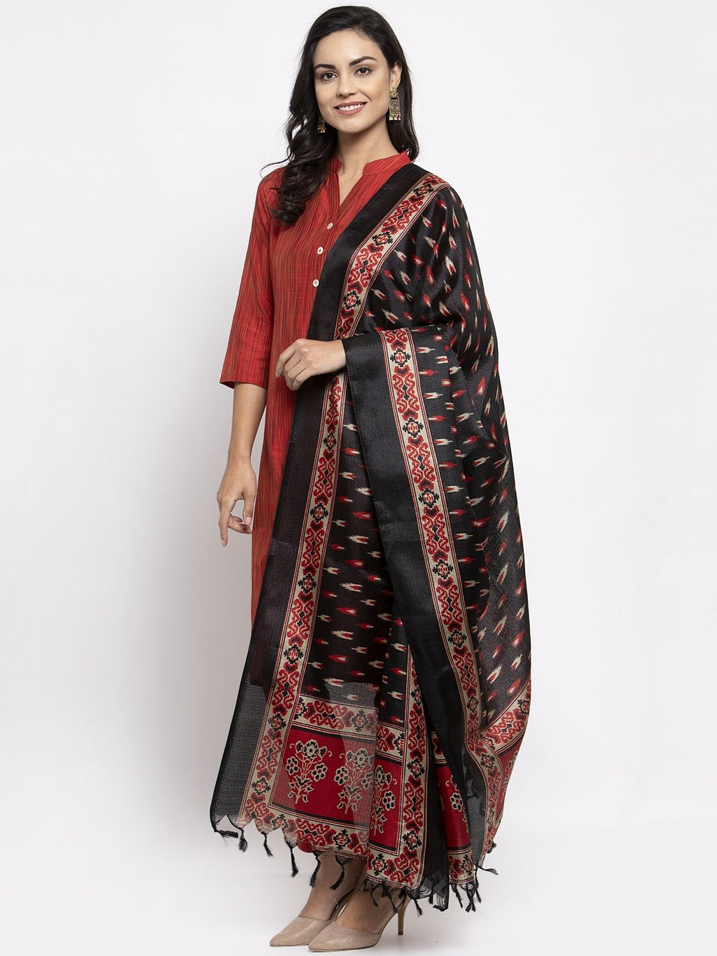 Jompers Women Red Self-Striped Kurta with Trousers & Art Silk Printed Dupatta - Distacart