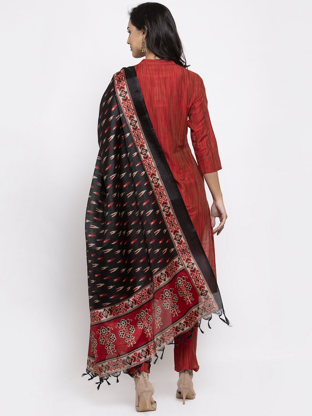 Jompers Women Red Self-Striped Kurta with Trousers & Art Silk Printed Dupatta - Distacart