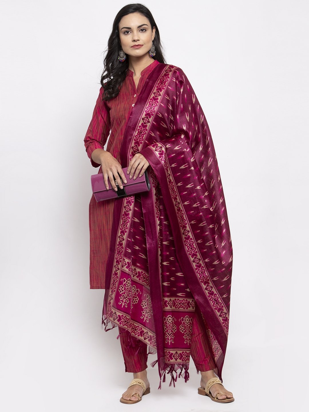 Jompers Women Pink Self-Striped Kurta with Trousers & Art Silk Printed Dupatta - Distacart