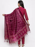 Jompers Women Pink Self-Striped Kurta with Trousers & Art Silk Printed Dupatta - Distacart