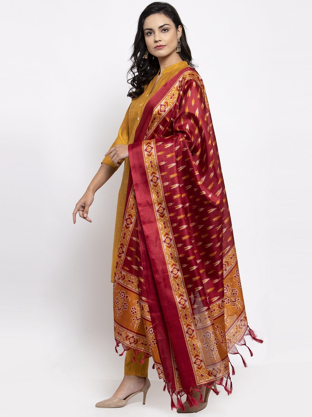 Jompers Women Yellow Self-Striped Kurta with Trousers & Art Silk Printed Dupatta - Distacart