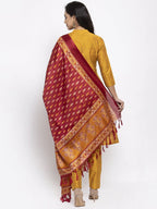 Jompers Women Yellow Self-Striped Kurta with Trousers & Art Silk Printed Dupatta - Distacart