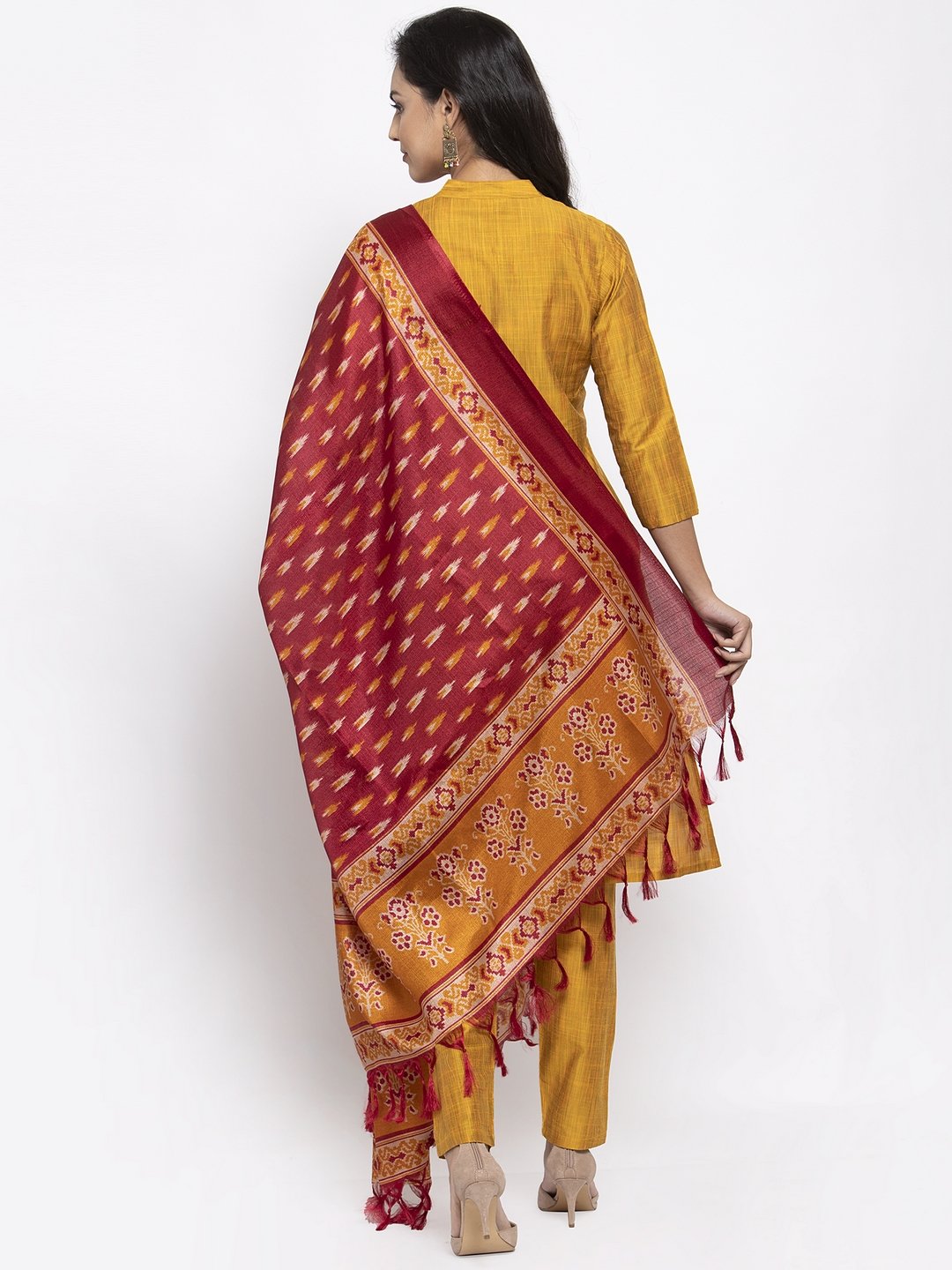 Jompers Women Yellow Self-Striped Kurta with Trousers & Art Silk Printed Dupatta - Distacart