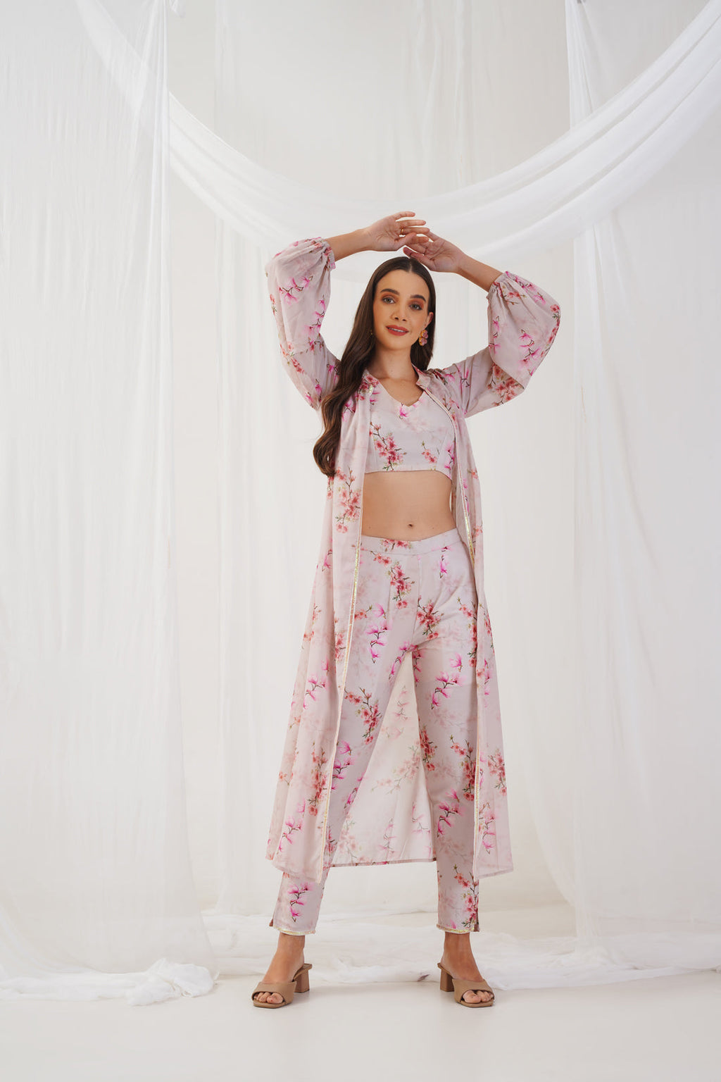 Jompers Women's Cream Floral Printed Crop Top with Trousers & Shrug