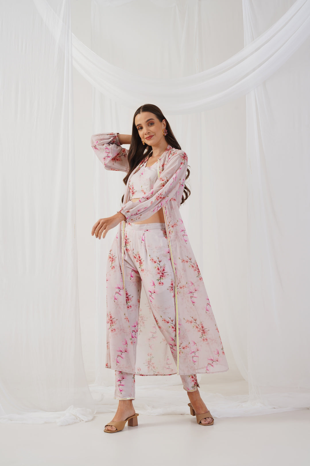 Jompers Women's Cream Floral Printed Crop Top with Trousers & Shrug