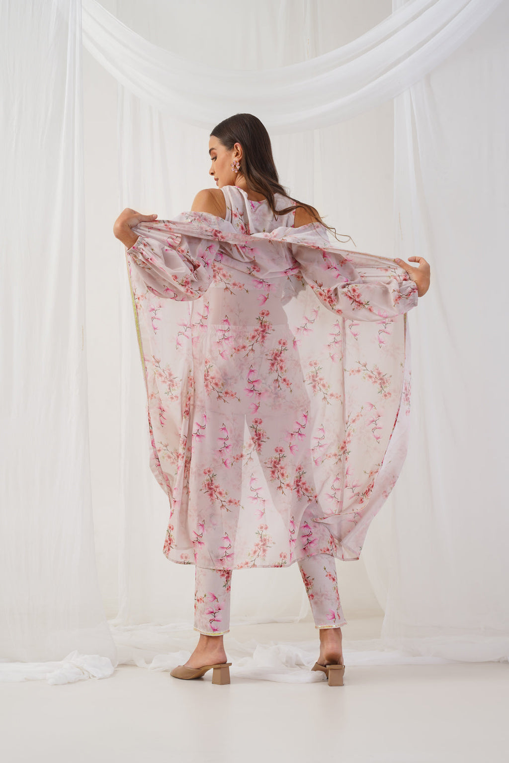 Jompers Women's Cream Floral Printed Crop Top with Trousers & Shrug