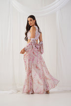 Jompers Women's Cream Floral Printed Crop Top with Trousers & Shrug