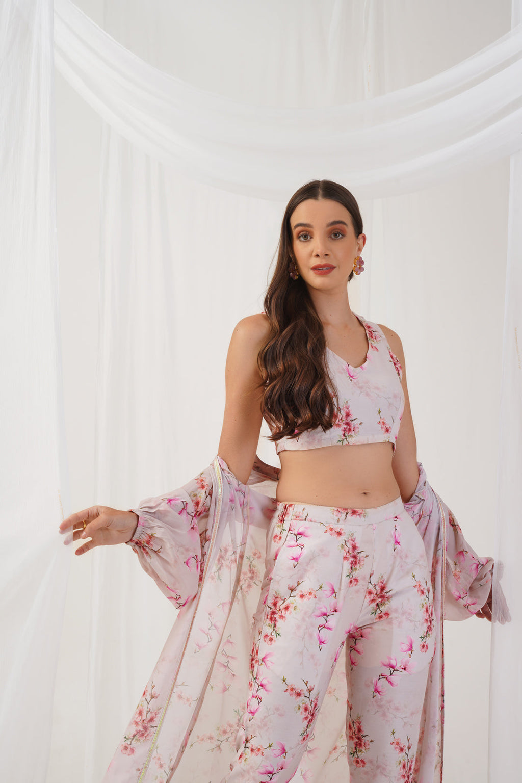 Jompers Women's Cream Floral Printed Crop Top with Trousers & Shrug