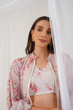 Jompers Women's Cream Floral Printed Crop Top with Trousers & Shrug