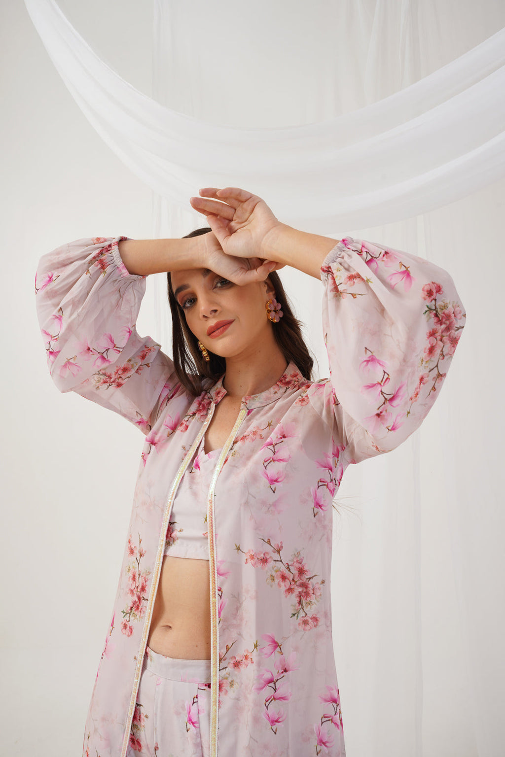 Jompers Women's Cream Floral Printed Crop Top with Trousers & Shrug
