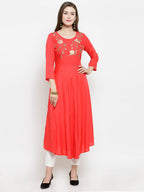 Jompers Women Peach embroidered Flaired Kurta - Distacart