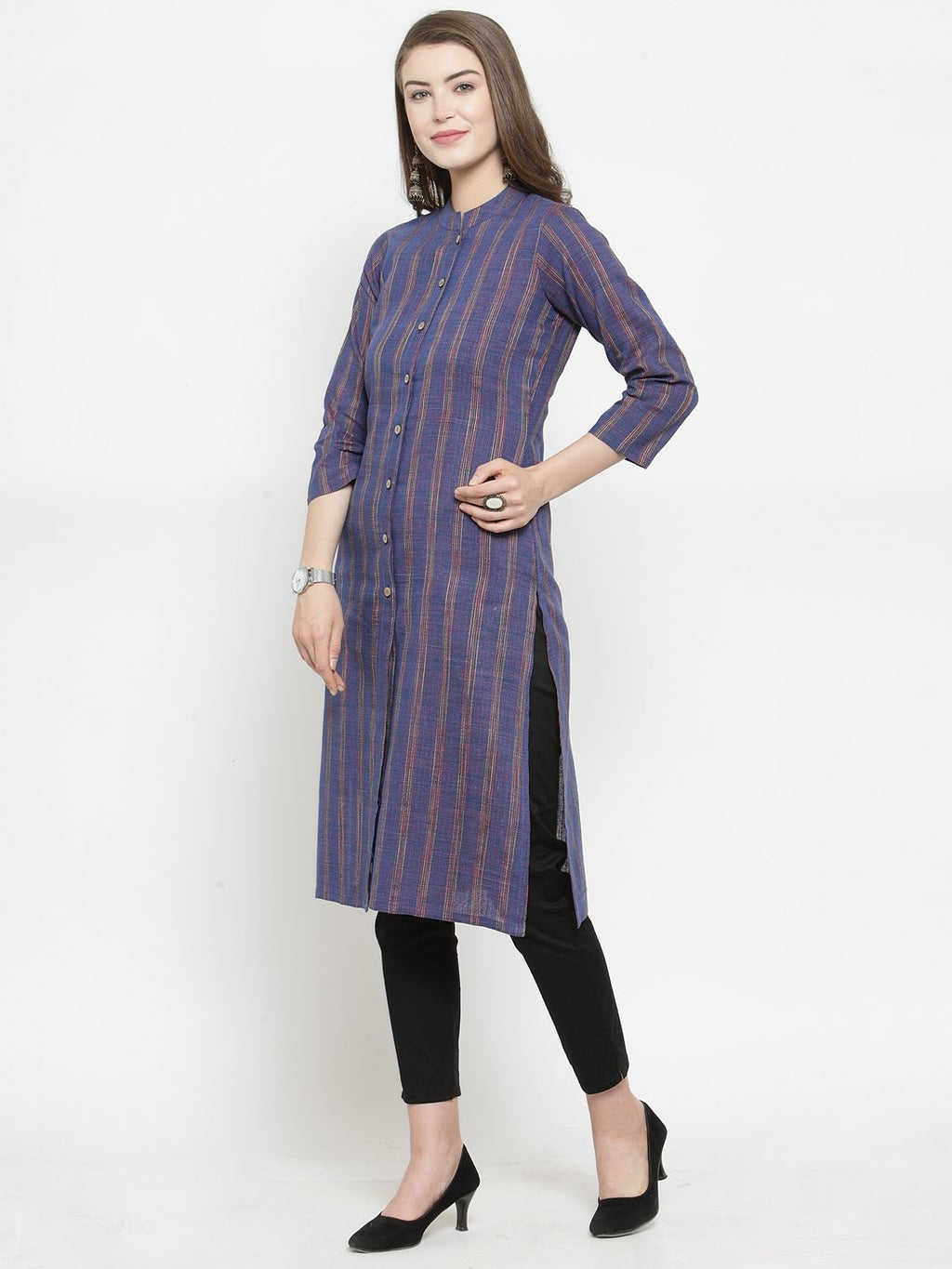 Jompers Women Blue Blue Striped Cotton-blend Straight Kurta - Distacart